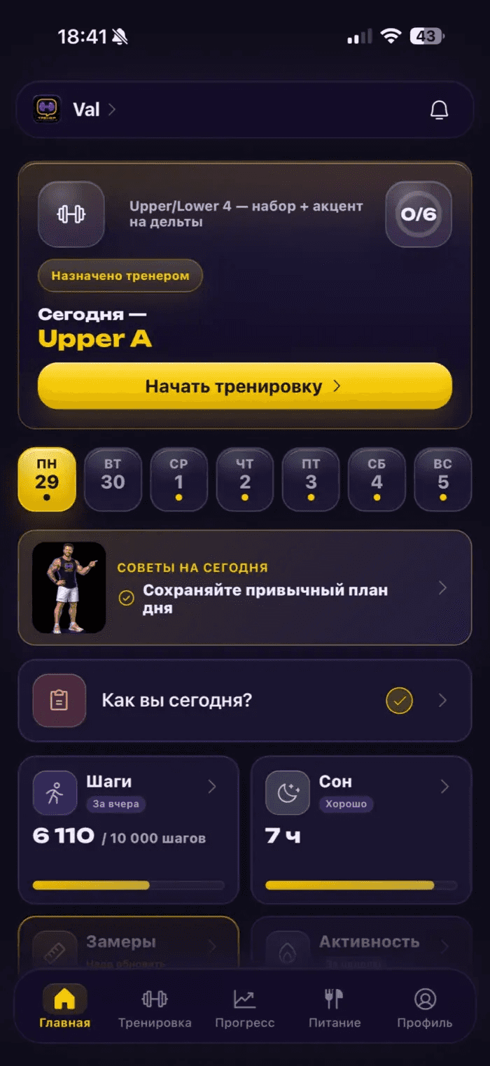 Рабочий экран цифрового продукта «Тренер в кармане»