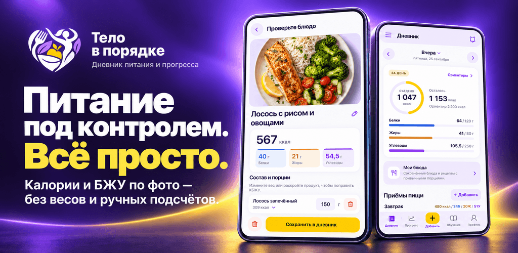 «Тело в порядке» — питание под контролем: оценка блюда по фото и дневник питания