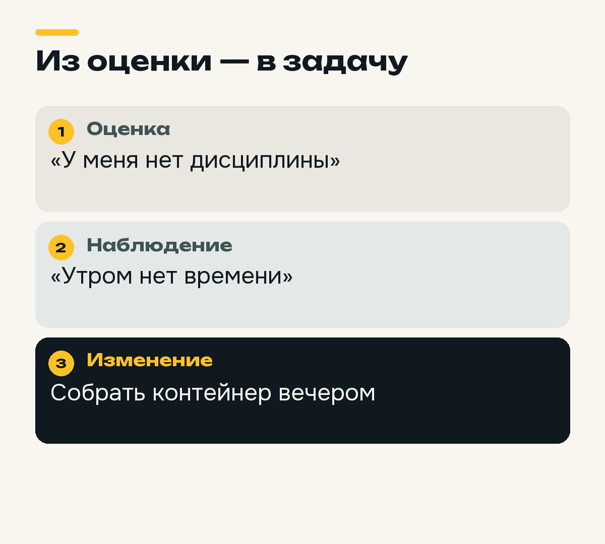 Переход от оценки характера к конкретному изменению условий.