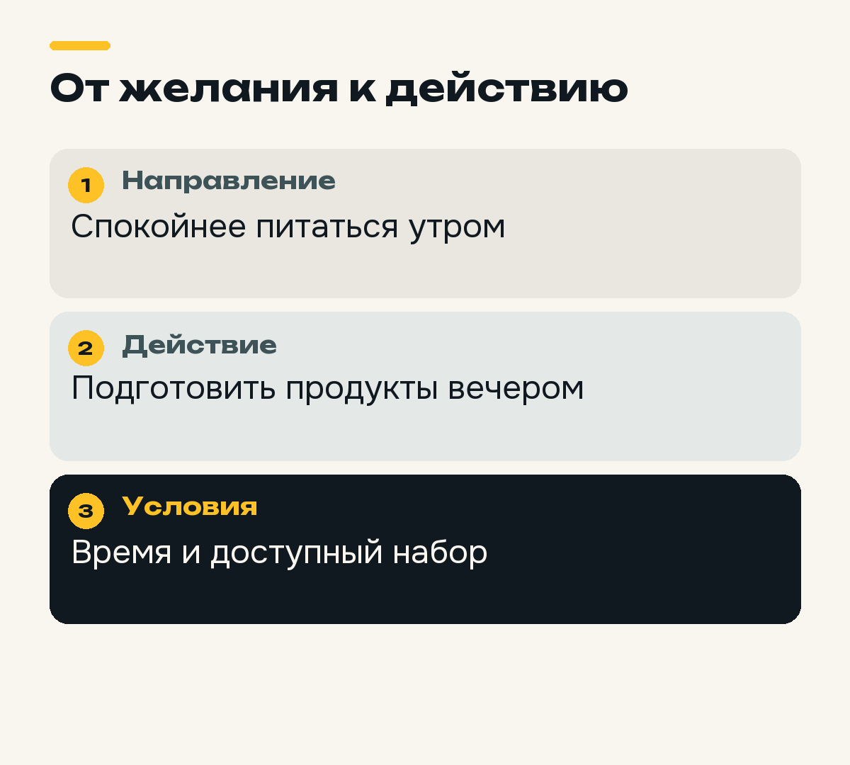 Пример перевода общей цели в конкретное действие.